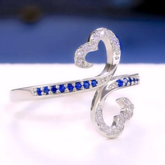 New Beautiful 925 Silver Diamond Blue Sapphire Heart Infinity Ring - Picture 4 of 5
